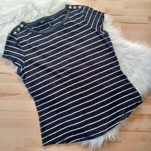 {White House Black Market} Striped Top With Button Shoulders